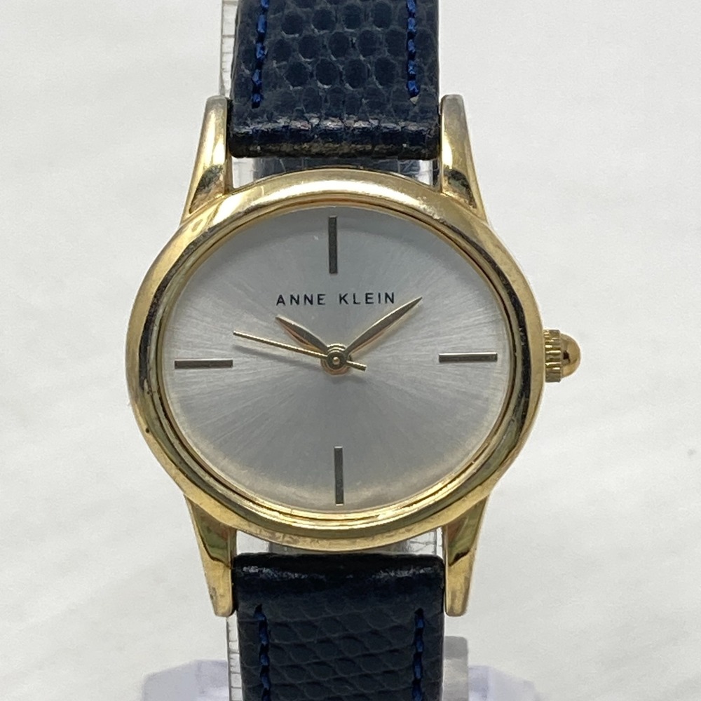 Anne Klein Watch Women 28mm Gold Tone Oval Blue Black Leather New Battery 8"